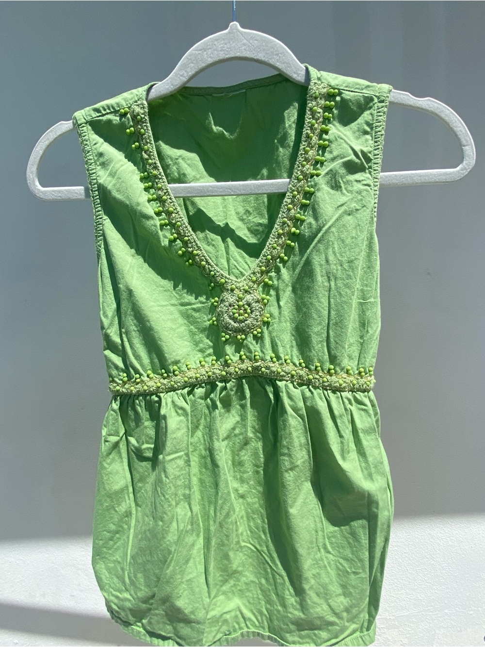 Y2K Boho 100% Cotton Green Beaded Tie Back Babydoll Top Size Small